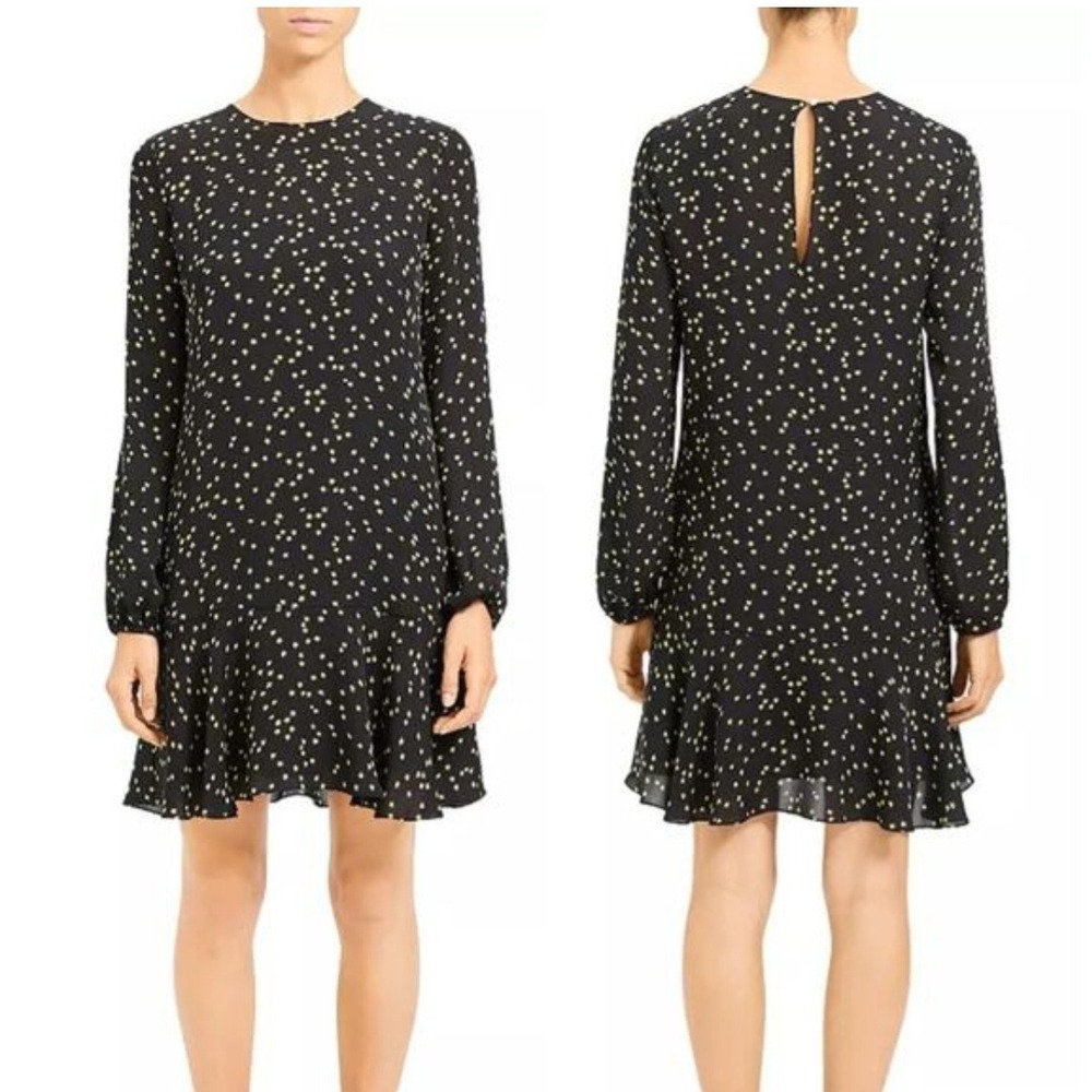 Theory Black Silk Starburst Print Flared Mini Dress Star Long Sleeve Size 8